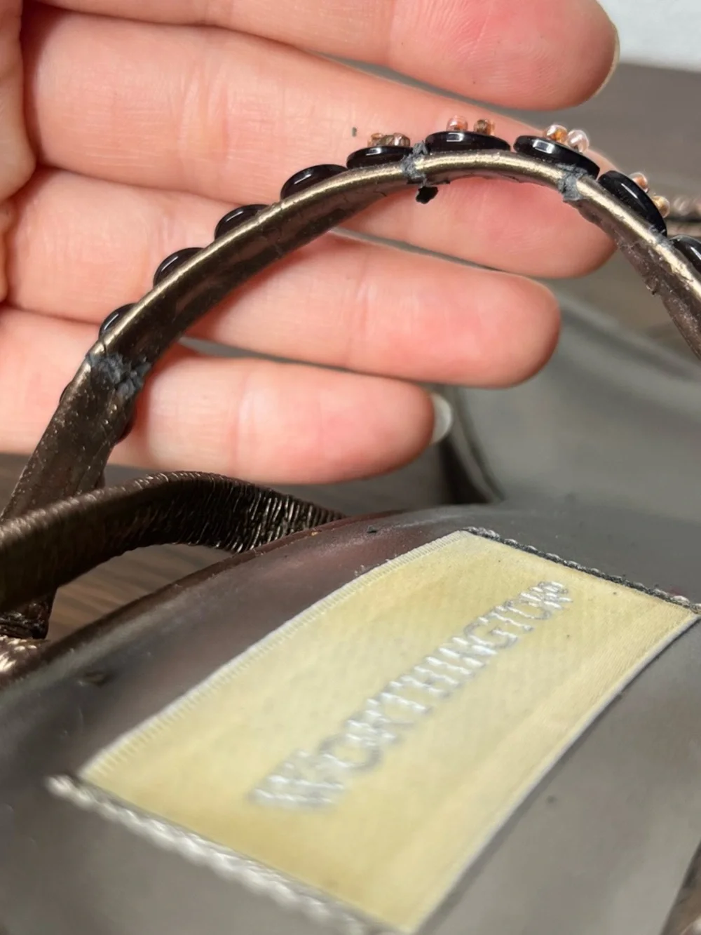 Vintage Brown Bronze Button Embellished Strappy Slingback Kitten Heels - Picture 8 of 10